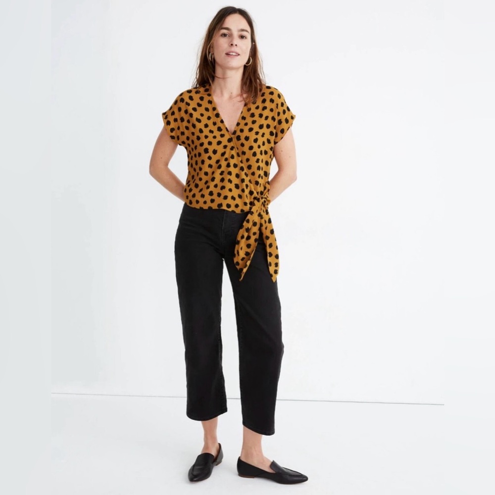 Madewell Women’s Mustard Sash-Tie Wrap Top in Painted Spots Blouse - XXS